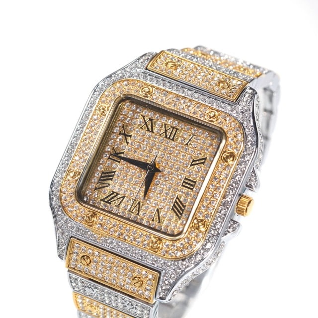 Square Full Iced Out Watches Men Stainless Steel Fashion Luxury Rhinestones Quartz