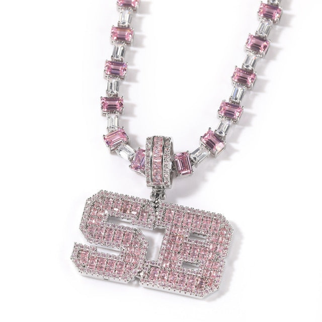 Pink Baguette Letters Custom Name Necklace Pendant With Heart Tennis Chain or baguette chain Iced Out Personalized